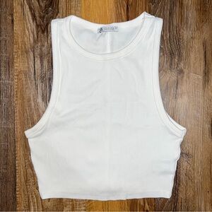 ZARA High Neck Ribbed Cropped Tank Top - White, Size L
